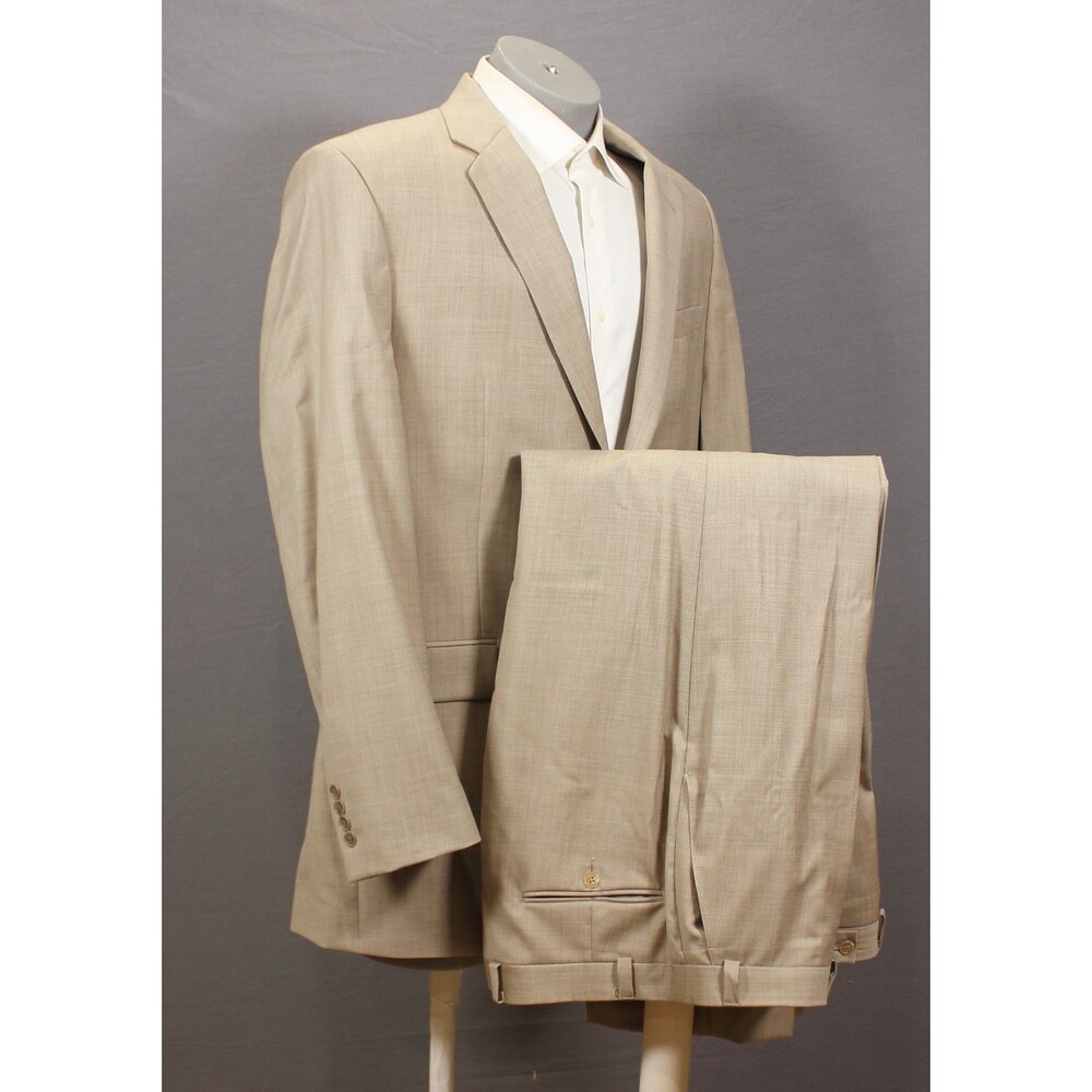 Calvin Klein Men's 2 Piece Suit Khaki Tan 2 Button 44L Flat Fronts 38" Waist